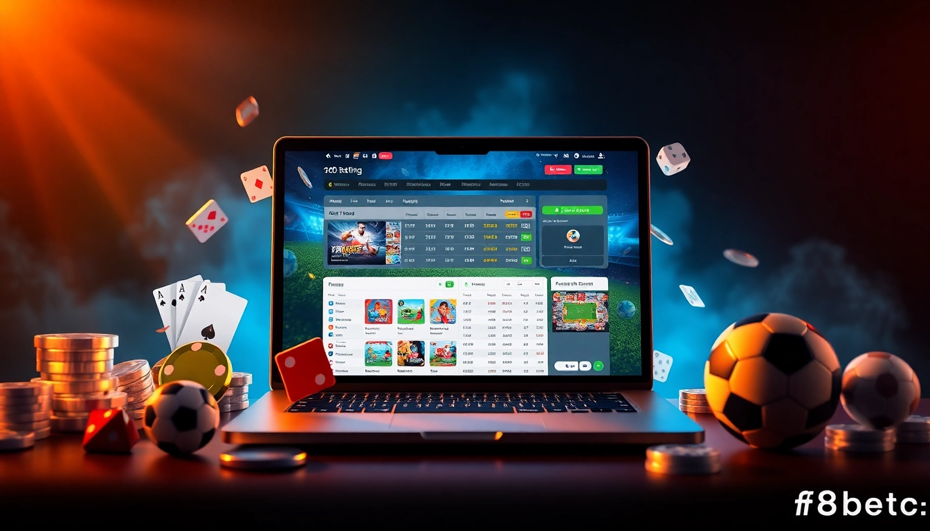 Experience online betting at https://f8bet.io/ with a vibrant laptop interface showcasing various games.