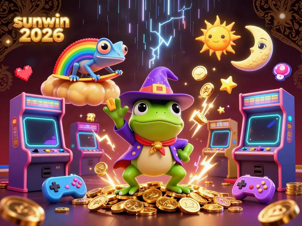 Experience the thrill of sunwin 2026 with a vibrant 3D gaming illustration featuring a wizard frog and a rainbow chameleon.