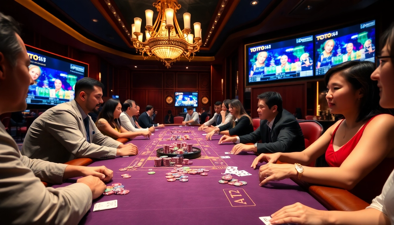 Toto Macau live draw at an upscale casino table filled with vibrant poker chips and eager players.