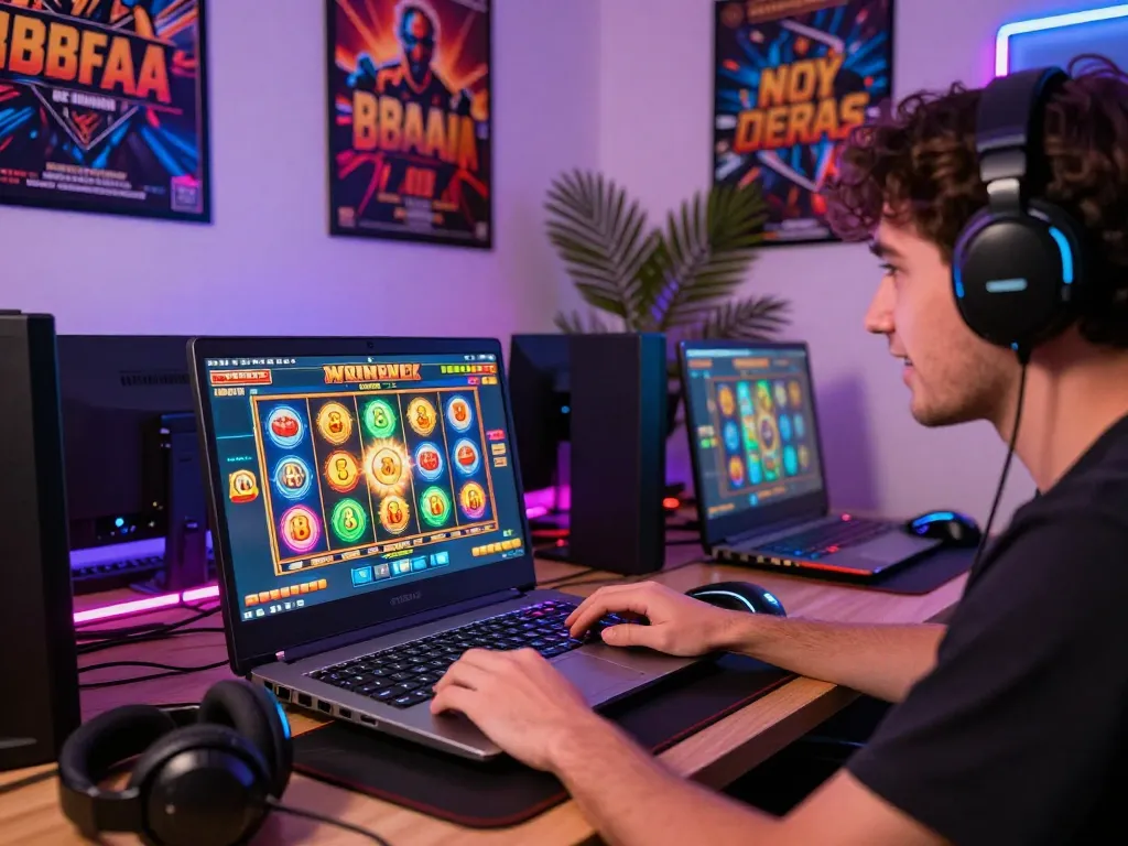 Playful player experiencing an engaging 88aa slot game at a vibrant gaming setup