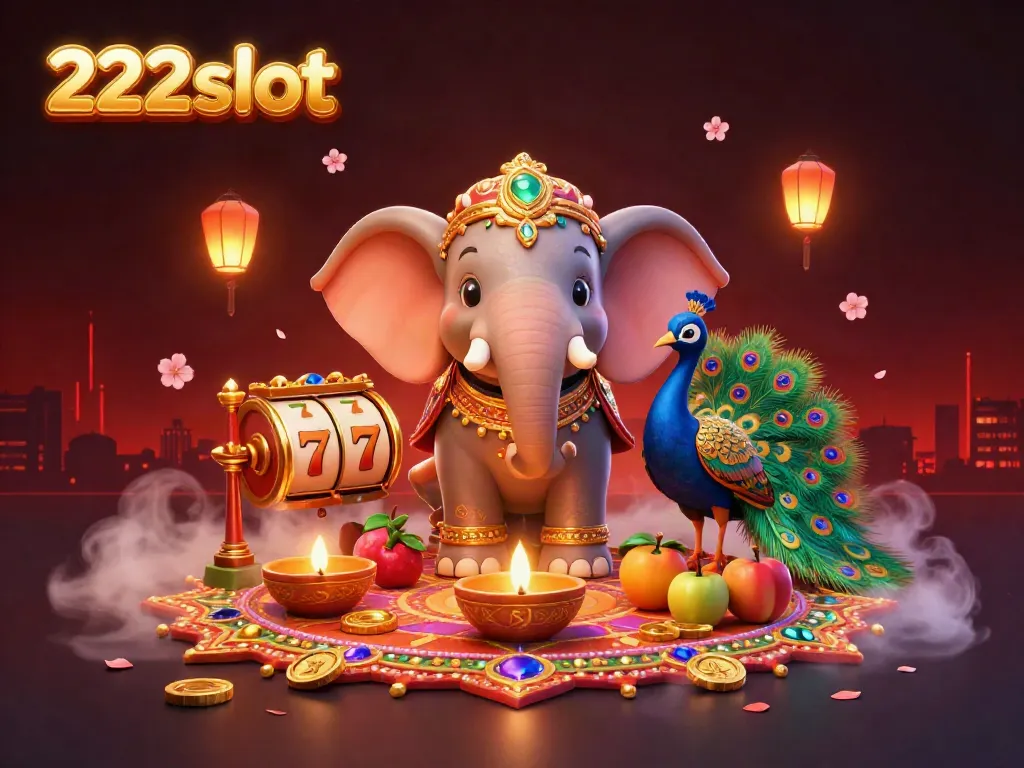 Permainan slot 222slot dengan elefant diwali berornamen emas dan burung merak penuh warna.