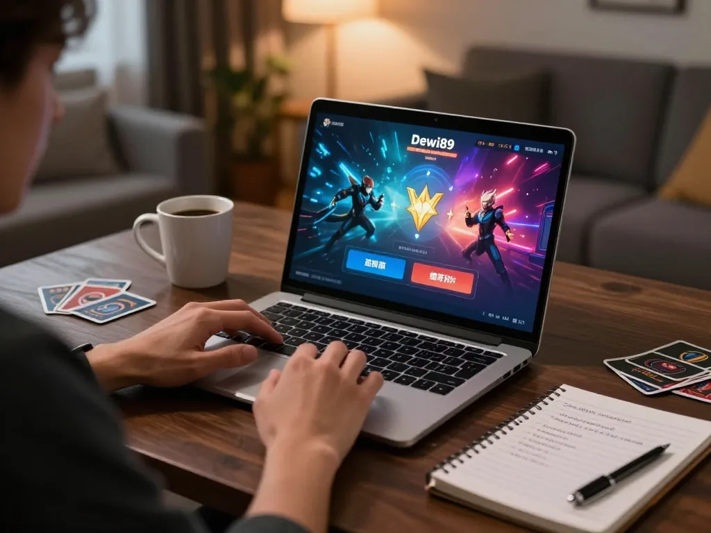 Scene permainan online Dewi89 menunjukkan seorang pemain yang terlibat dengan antarmuka laptop, menyoroti permainan yang strategis.
