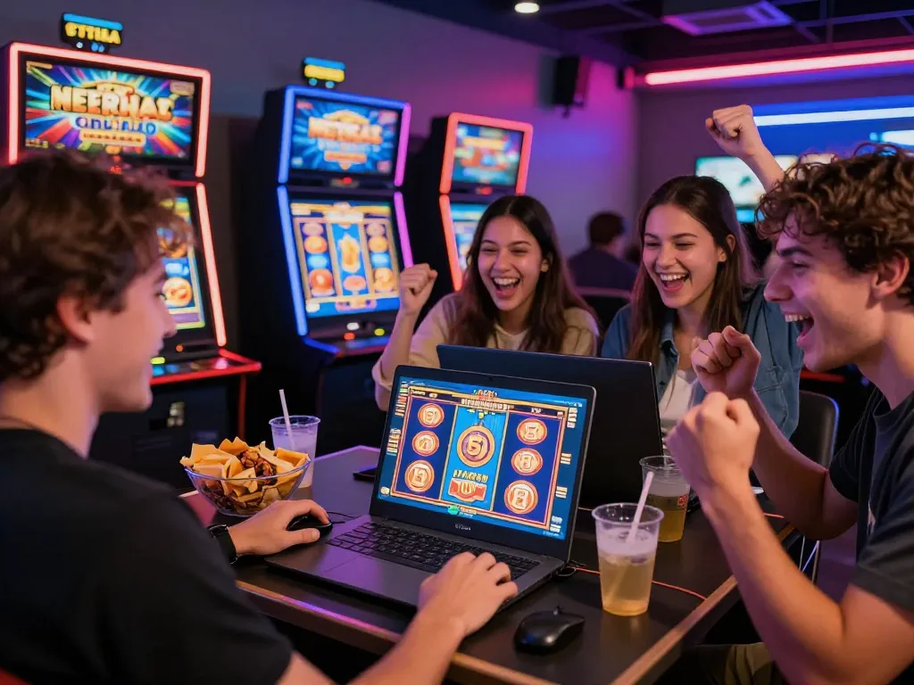 Teman-teman merayakan saat mereka bermain permainan situs slot di laptop selama malam permainan yang menyenangkan.