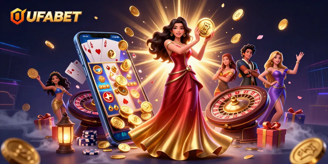 Experience the thrill of UFABET with a stunning casino scene featuring captivating slots and dynamic gameplay.