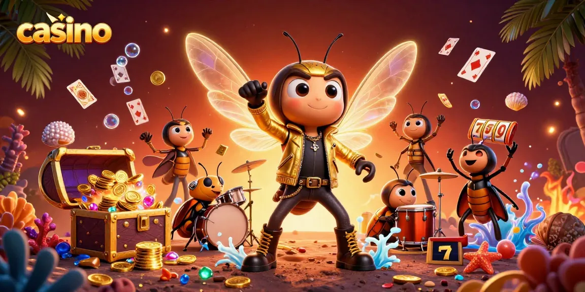 Exciting casino scene with cartoon cicada rock star, gold coins, and slot reels.