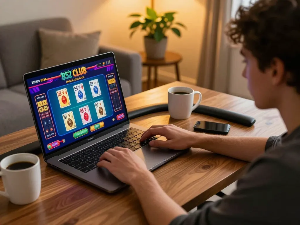 B52 Club player engaging with online poker game on laptop in cozy home environment.
