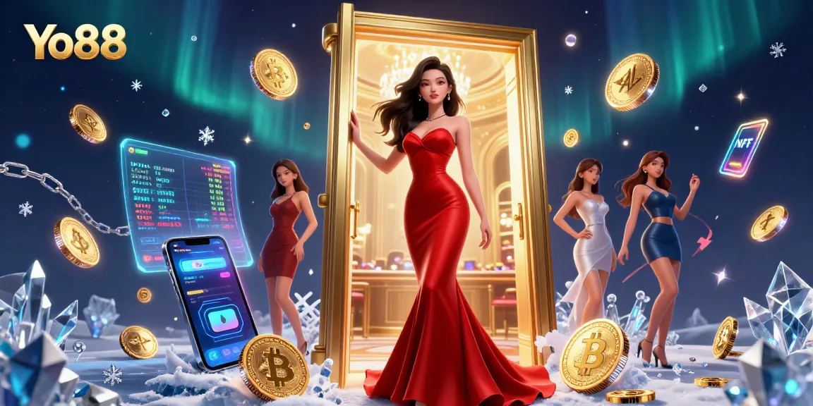 Experience thrill at Yo88 with stunning visuals, a captivating casino scene, and cryptocurrency elements.