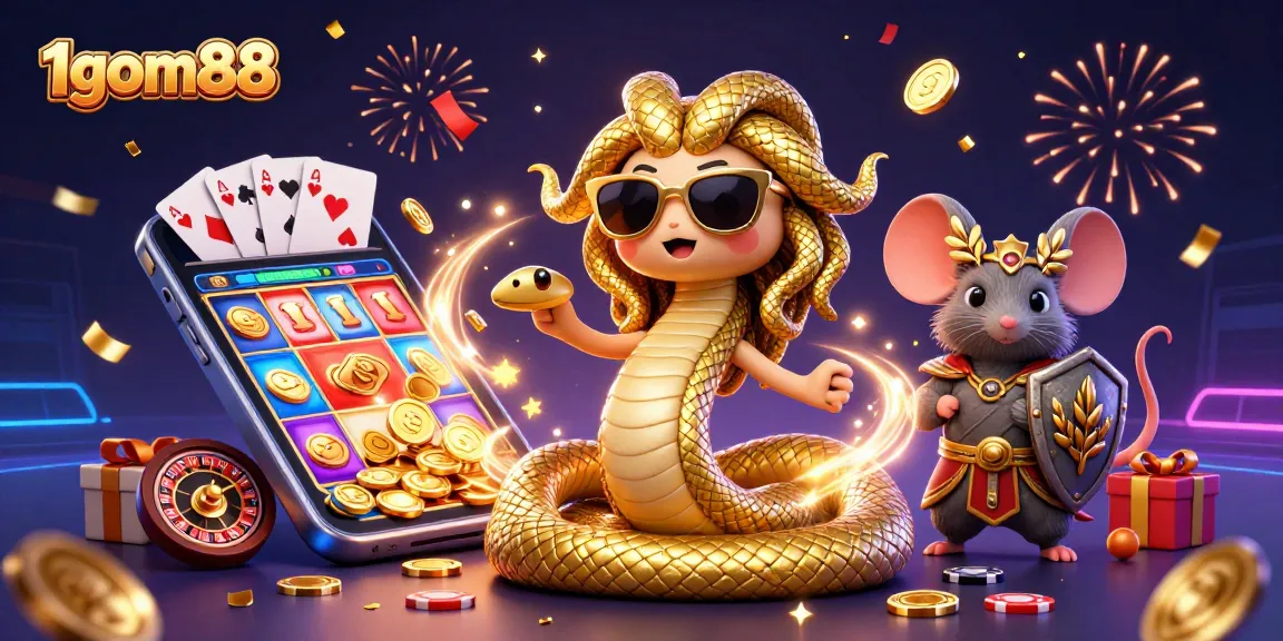 1gom88 offers a vibrant illustration featuring gaming excitement with Medusa, a warrior mouse, and dynamic casino elements.