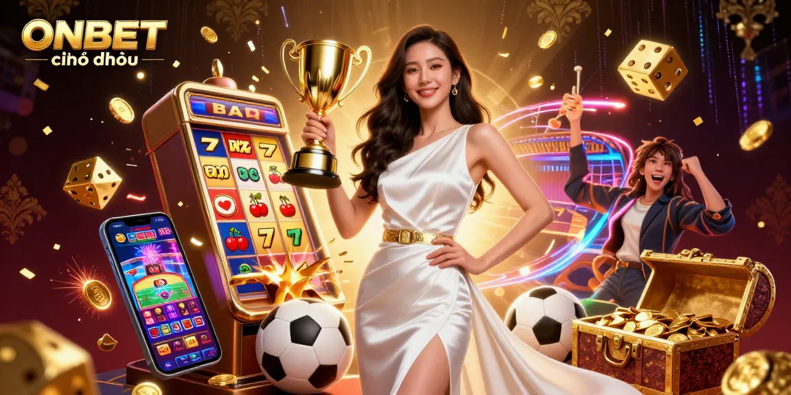 Experience the thrilling world of ONBET chính thức with a stunning Asian woman celebrating her victory.
