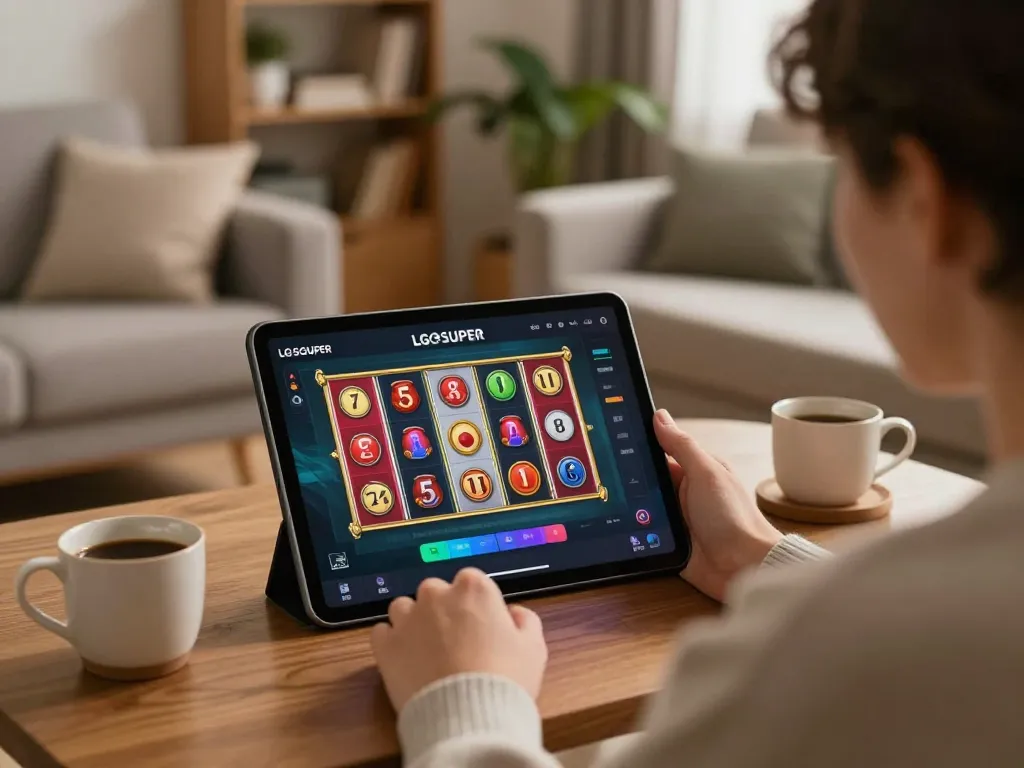 Engaging in online gaming with LGOSUPER on a tablet in a cozy home setting.