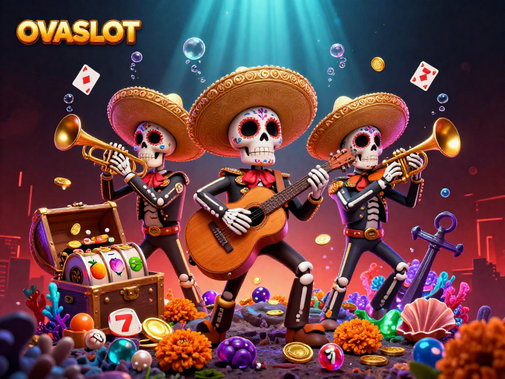 OVASLOT brings excitement with a vibrant 3D Day of the Dead mariachi scene and slot reels.