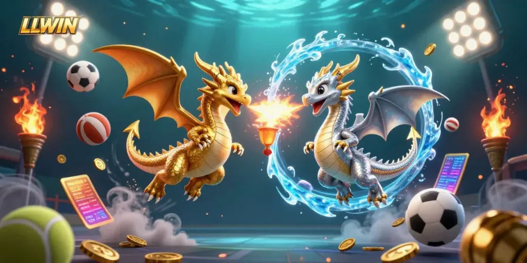 Experience LLWIN's immersive gaming with golden and silver dragons breathing fire and ice amidst dynamic sports elements.