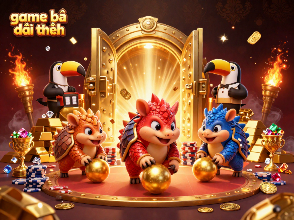 Experience excitement with game bài đổi thưởng in this vibrant 3D illustration of rival pangolins amid gold and gems.