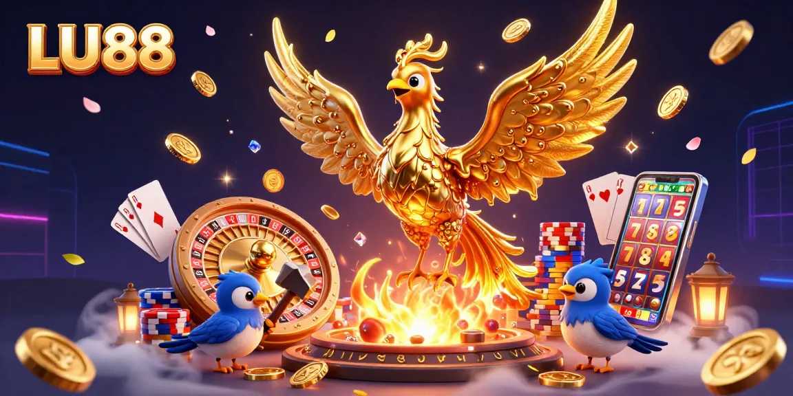 Witness LU88's golden phoenix erupting with cascading coins, symbolizing jackpot excitement in a vibrant casino scene.