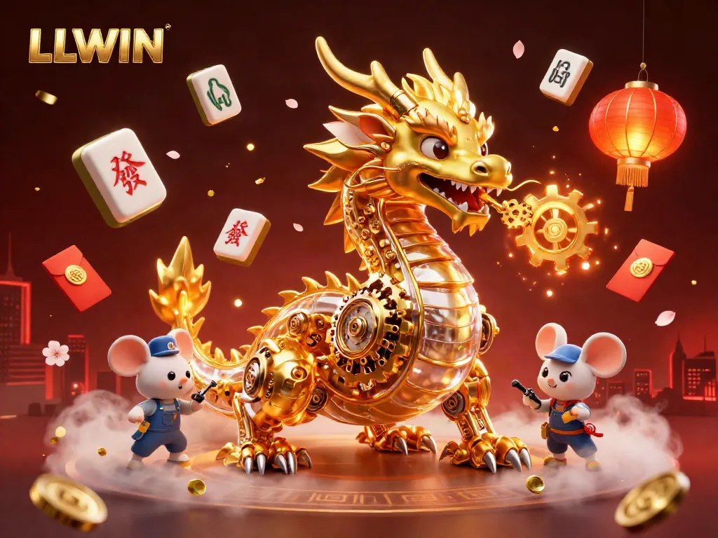 LLWIN showcases a 3D golden dragon amidst dynamic casino elements, celebrating rich gaming traditions.