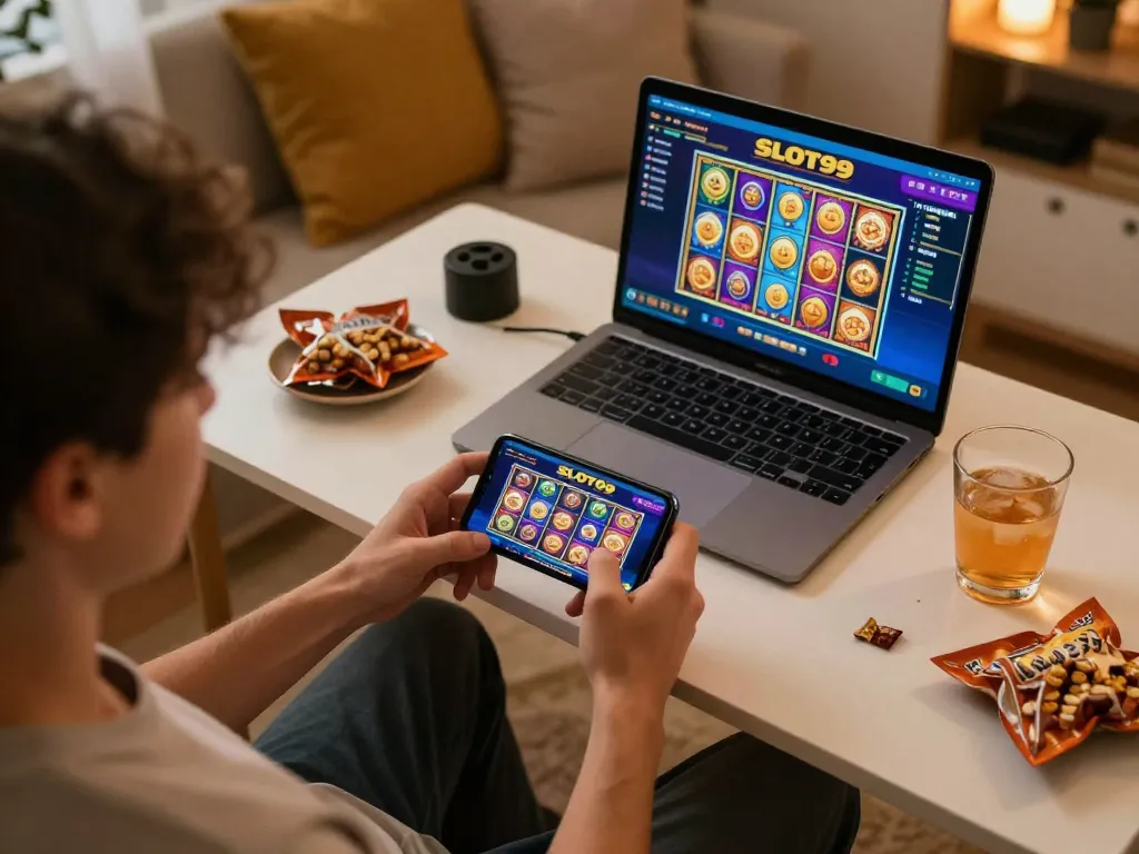 SLOT99 player enjoying a colorful online slot game on their smartphone in a cozy home setting