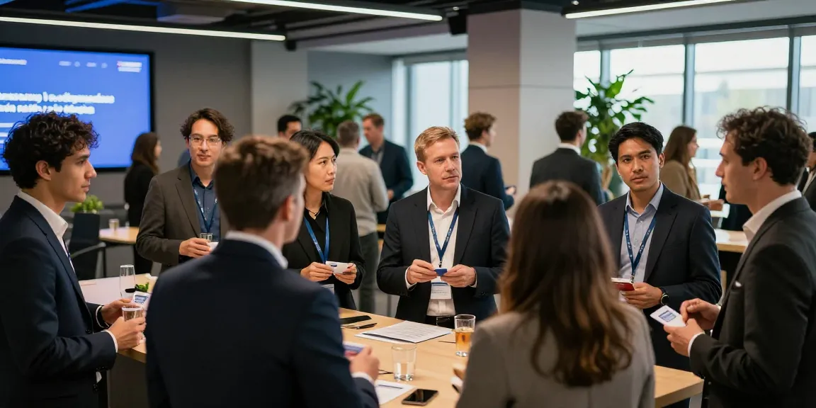 Networking professionals discussing opportunities at https://aisa.org.uk event in modern conference center.
