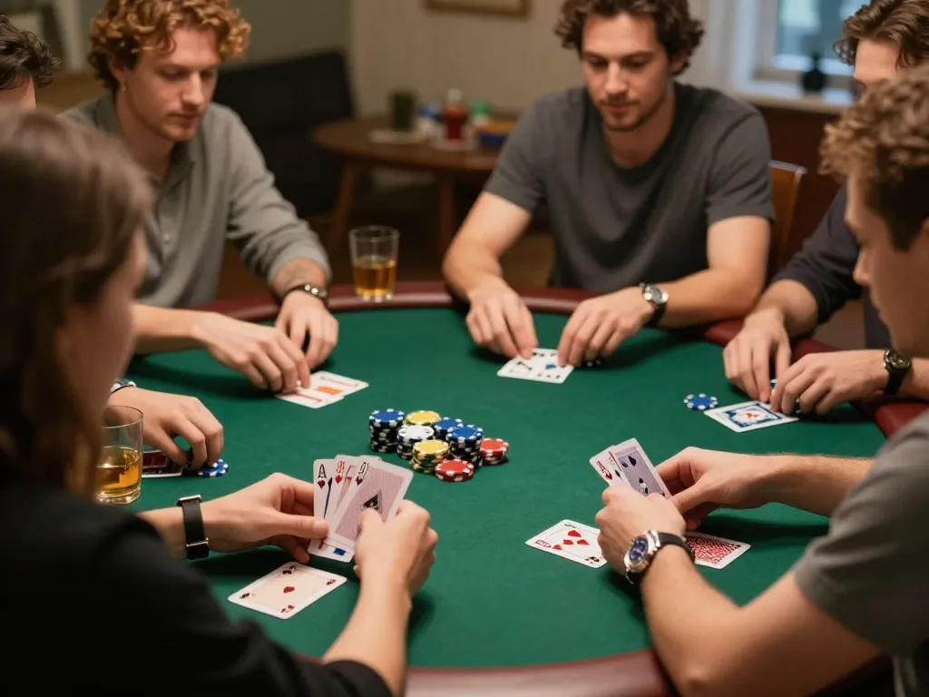 Exciting home poker night scene featuring friends at a round table during gameplay, capturing social atmosphere of trang chủ sc88.