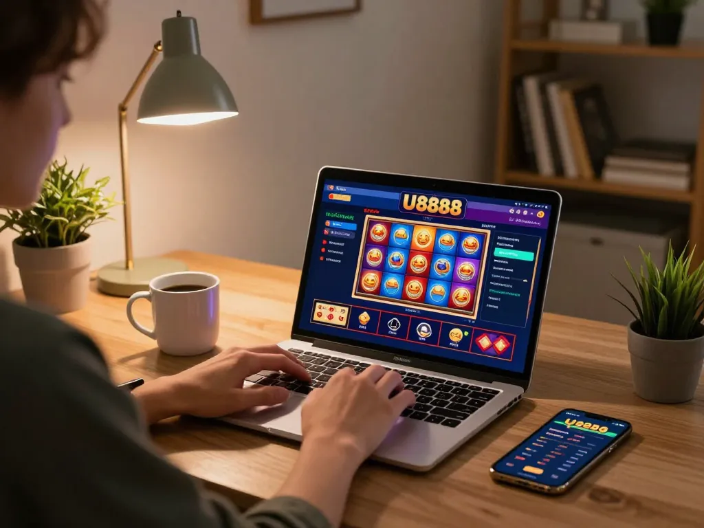 Engaging in U8888 online slots gameplay on a sleek laptop in a cozy home setting