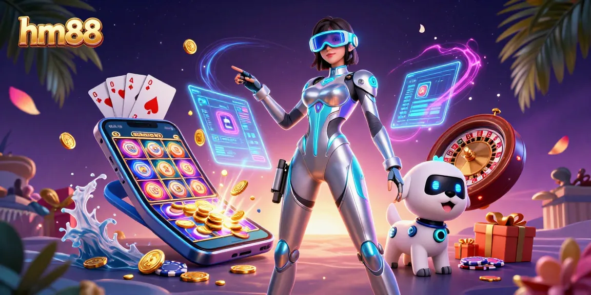 Engage in thrilling games at hm88 with a neon-lit lady, animated robot dog, and vibrant casino elements.