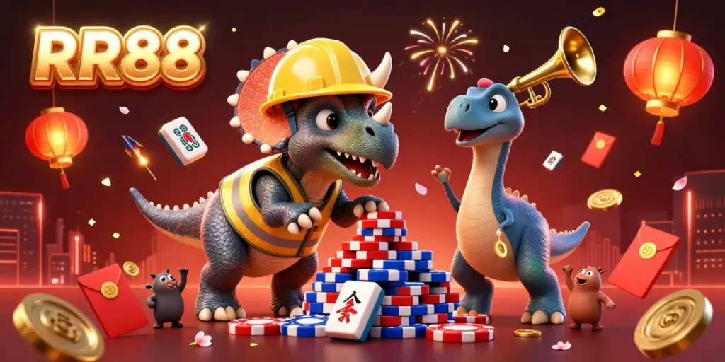Experience the excitement of RR88 casino with a vibrant 3D scene showcasing a triceratops and parasaurolophus celebrating gambling victory.