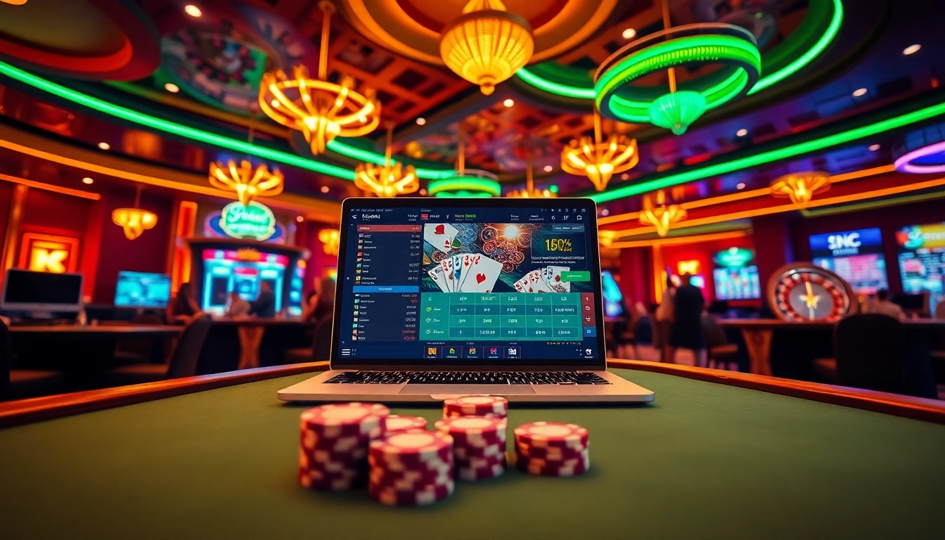 Engaging sbobet link gaming scene featuring a laptop, poker chips, and roulette elements.