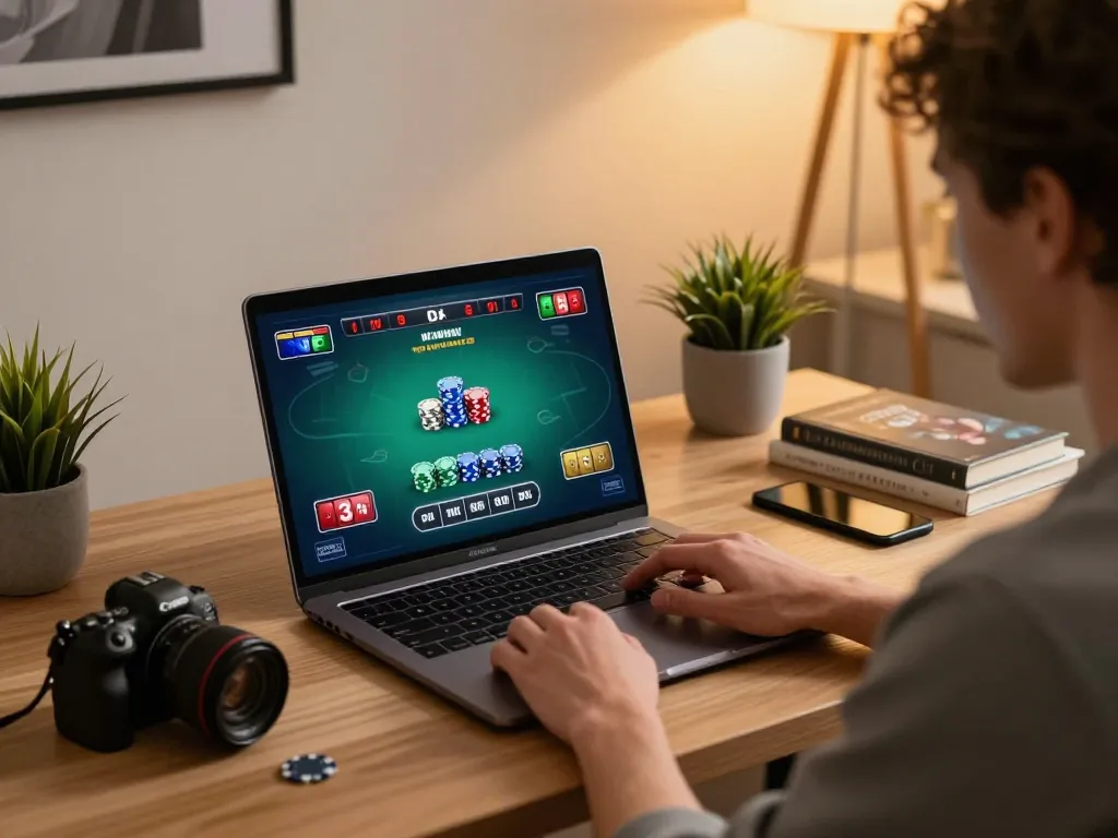 Player engaged in an intense blackjack game on laptop showcasing their strategic moves with 888VI.