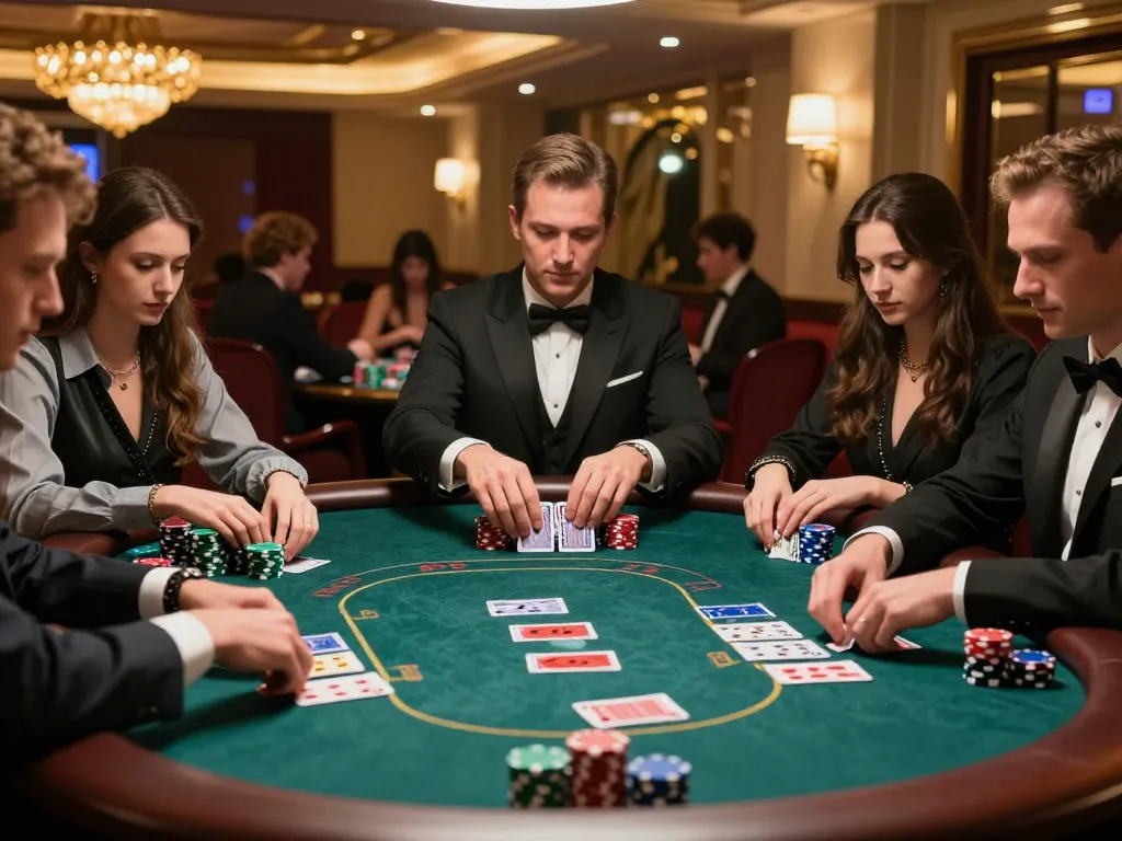 Players engaged in a competitive mm88 poker game with colorful chips and a professional dealer.