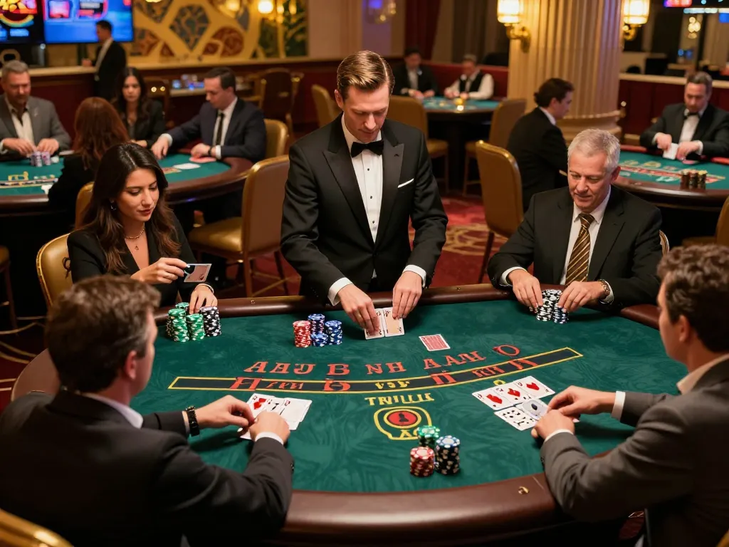 G28 players strategizing in an exciting blackjack game at a lively Vegas casino.