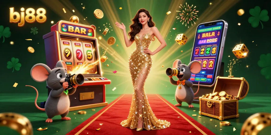 Experience the thrill of bj88 casino games with a captivating illustration of jackpots, golden treasures, and glamorous gaming.