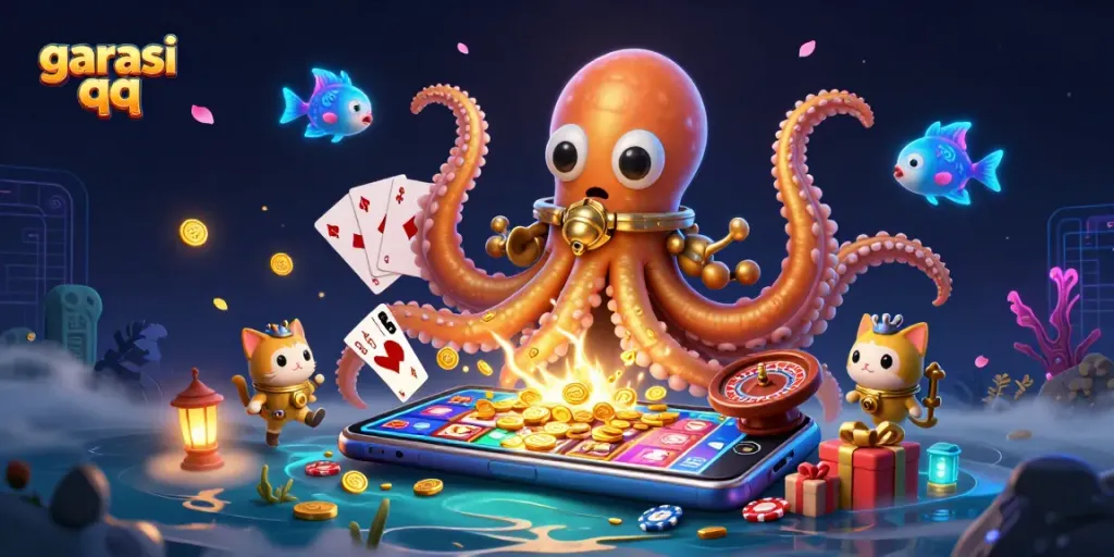 Engage with garasi qq in a vibrant casino-themed underwater scene filled with dynamic games and characters.