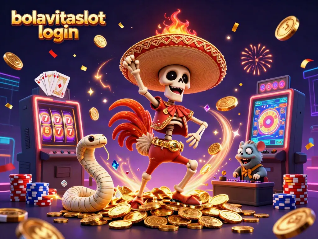 Experience exciting wins with bolavitaslot login in a vibrant, 3D casino-themed illustration featuring characters and game elements.