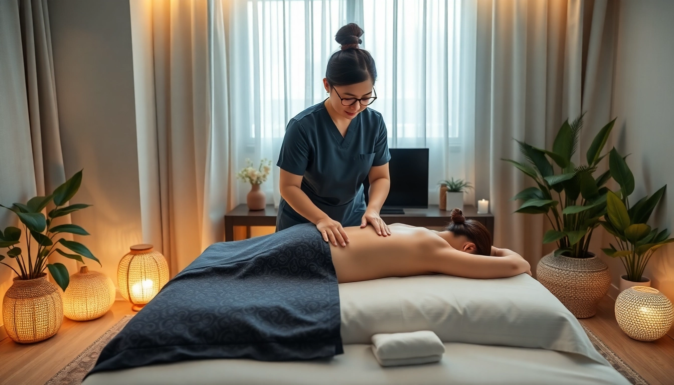 Relaxing 수원출장마사지 scene in a tranquil hotel room with a professional therapist.