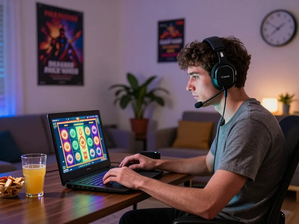 Pengalaman permainan bocoran slot online yang menarik dengan pemain yang fokus di ruang tamu yang nyaman.