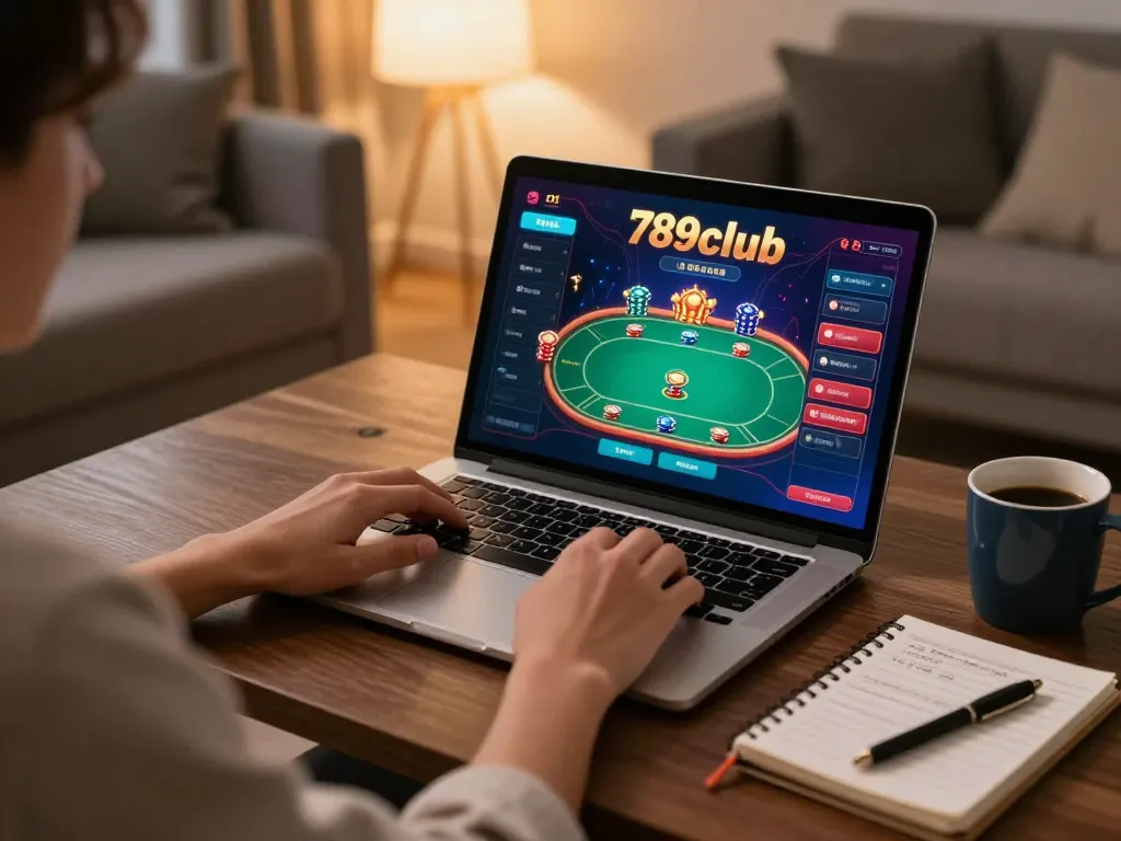 Engaging player enjoying 789club online gaming on laptop, showcasing vibrant poker interface.