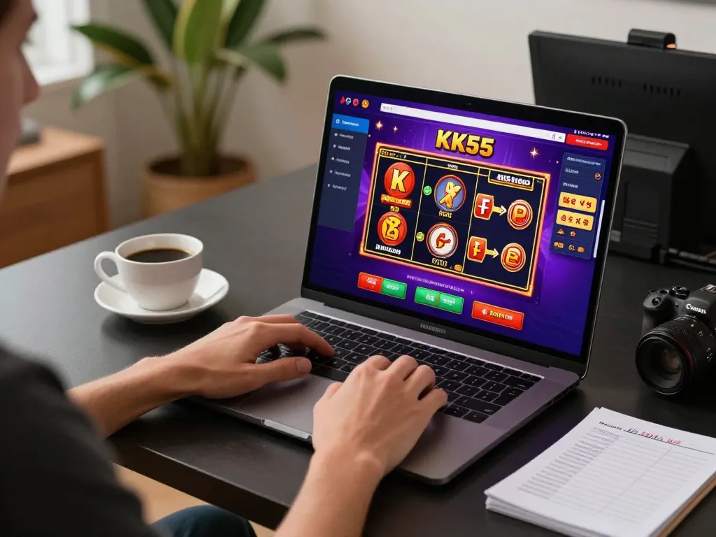 Engage with KK55 online casino gaming on a sleek laptop with vibrant displays highlighting various games.