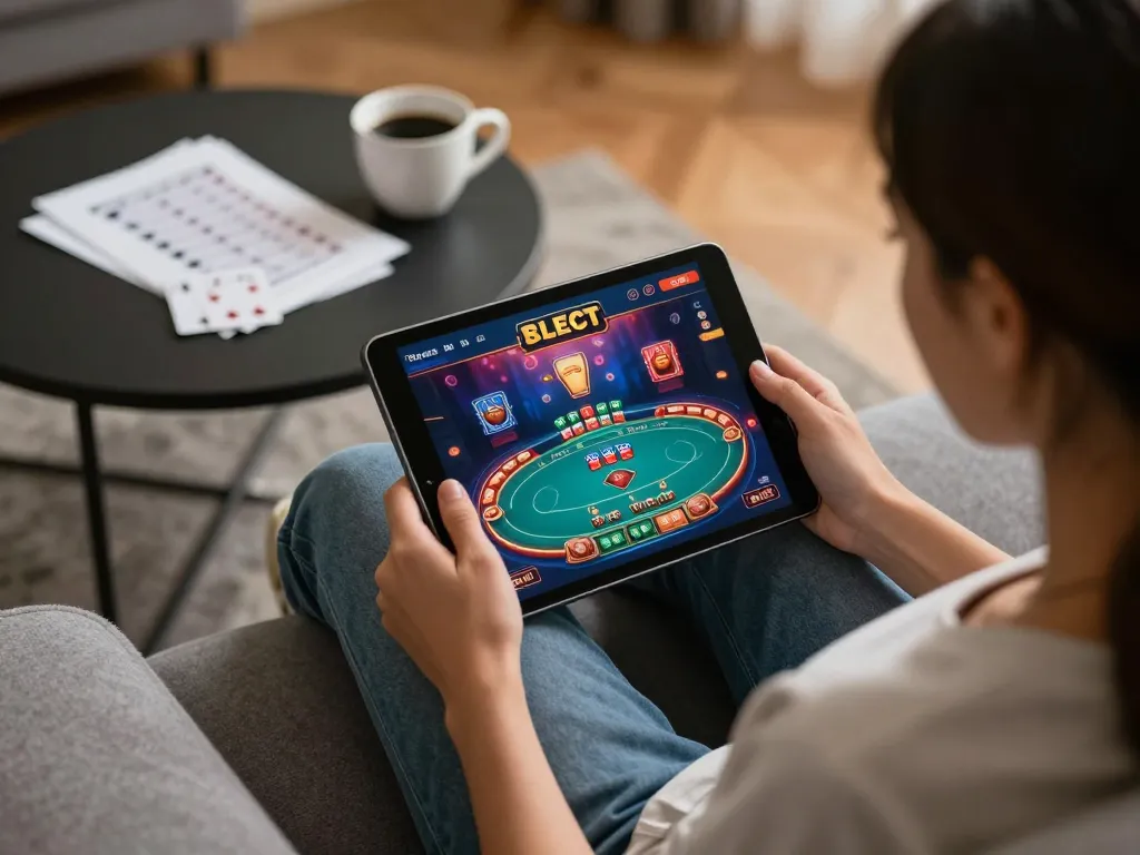 Engaged player using RR88 SELECT app for online casino gaming on tablet at home.
