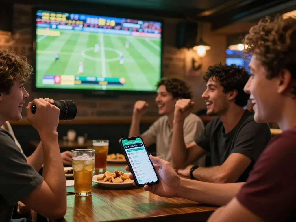 Engaged bettor checking tỷ lệ nhà cái on smartphone during a lively sports event.