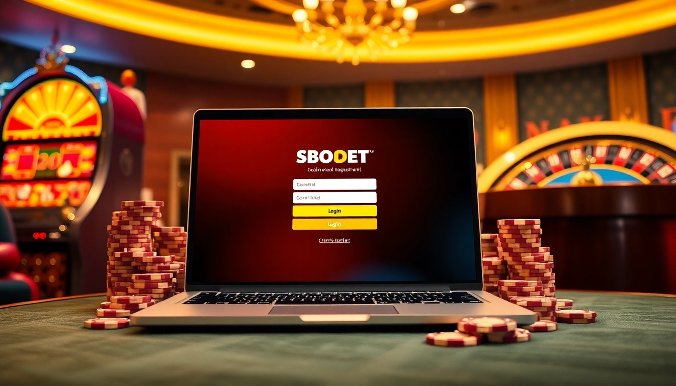 SBOBET login interface showcased with poker chips and slot machines in a luxurious casino setting.