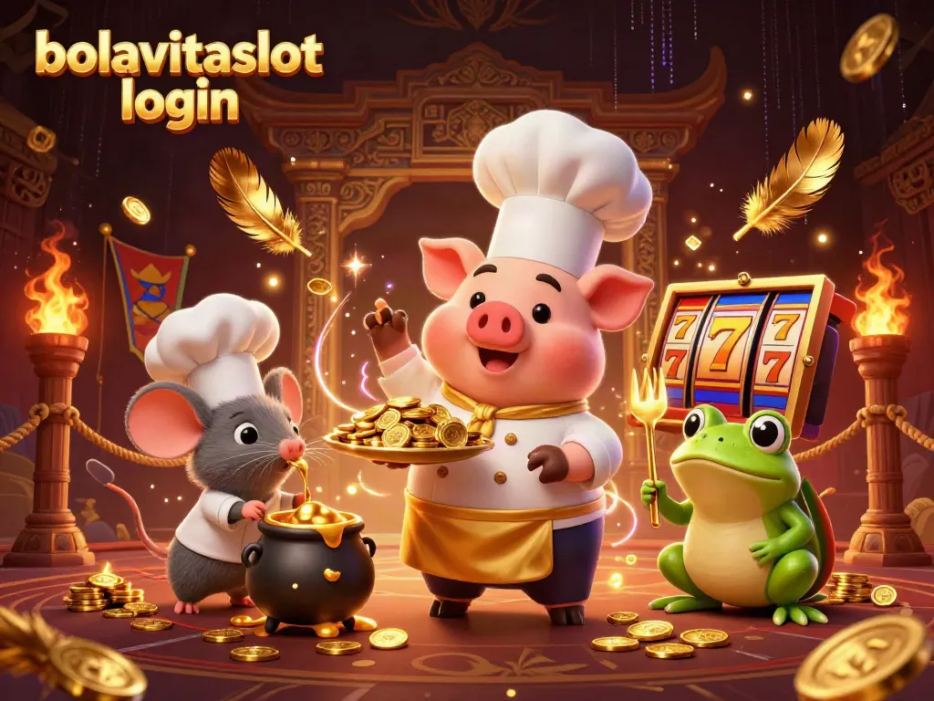 Engage with bolavitaslot login through a vibrant illustration of a chef pig serving treasure in a casino setting.