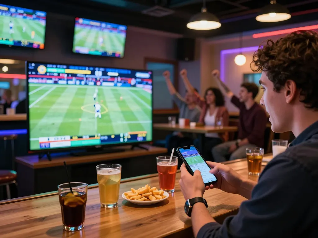 Placing strategic bets on 789WIN during live sports event in a vibrant bar atmosphere