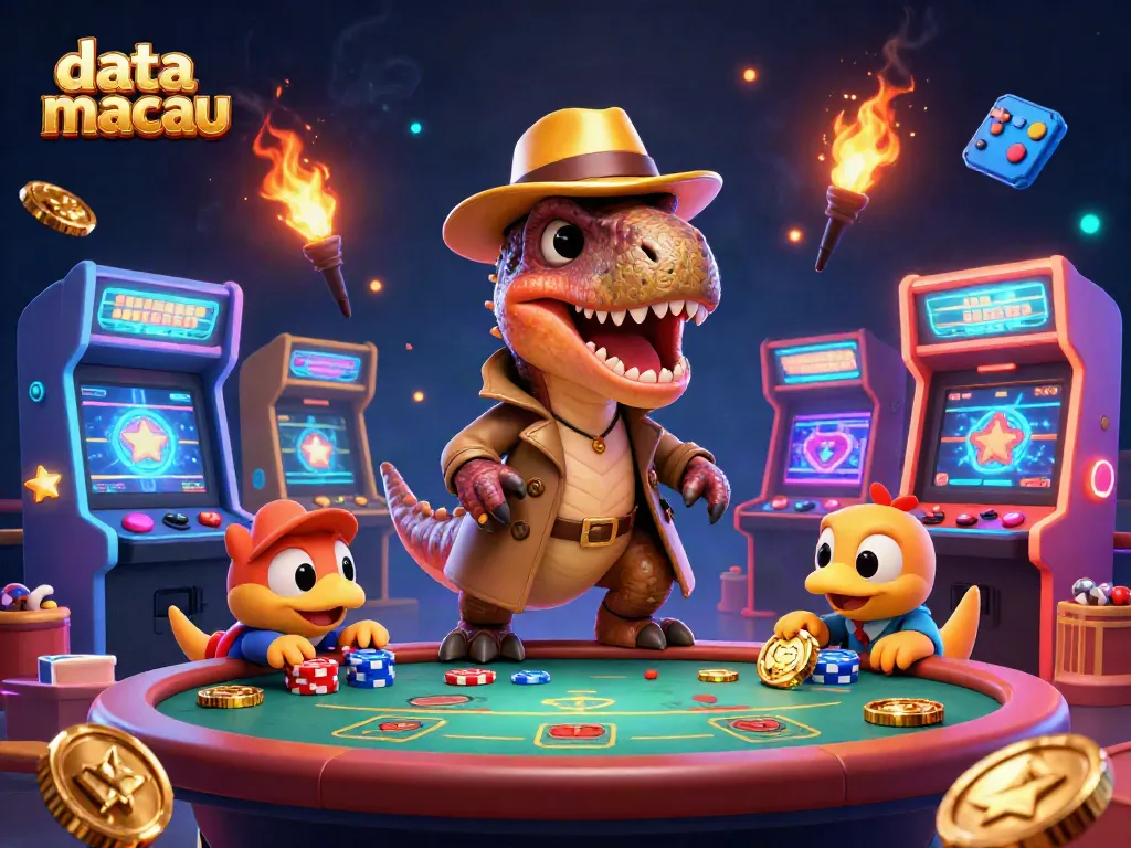 Menampilkan data macau dengan velociraptor dan stegosaurus dalam suasana kasino penuh warna yang menarik.