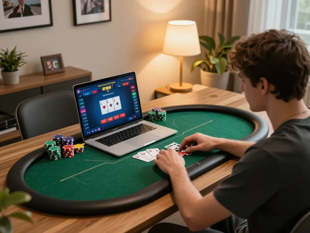 Player engages in strategic online poker gameplay with 789F on a laptop, showcasing an inviting home setup.