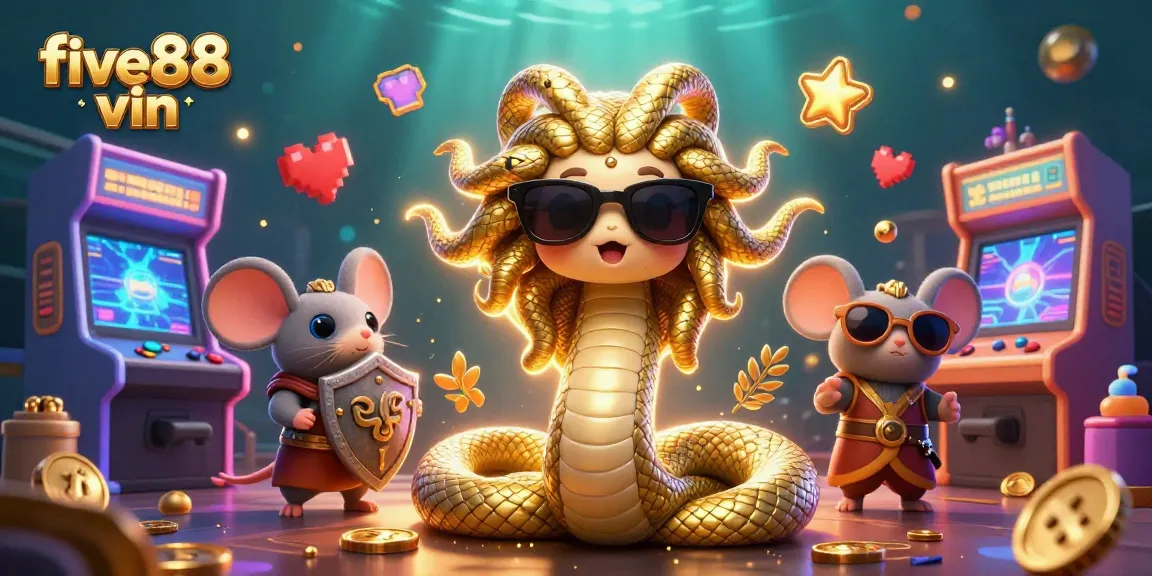 Engage with the vibrant five88 vin casino scene featuring Medusa and a mouse amidst dynamic gaming elements.