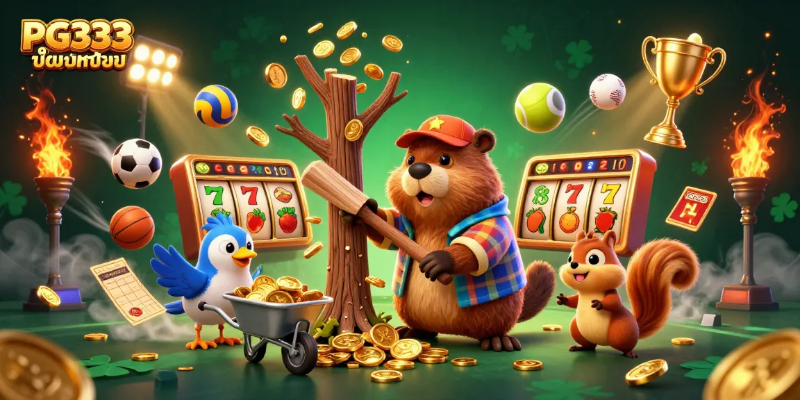 Win big with PG333 มือถือ in a vibrant casino scene featuring a playful beaver and exciting gaming elements.