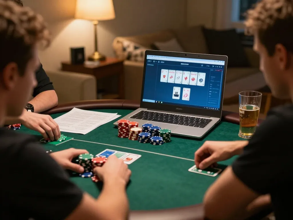 uu88 players strategizing poker game with laptop during home session