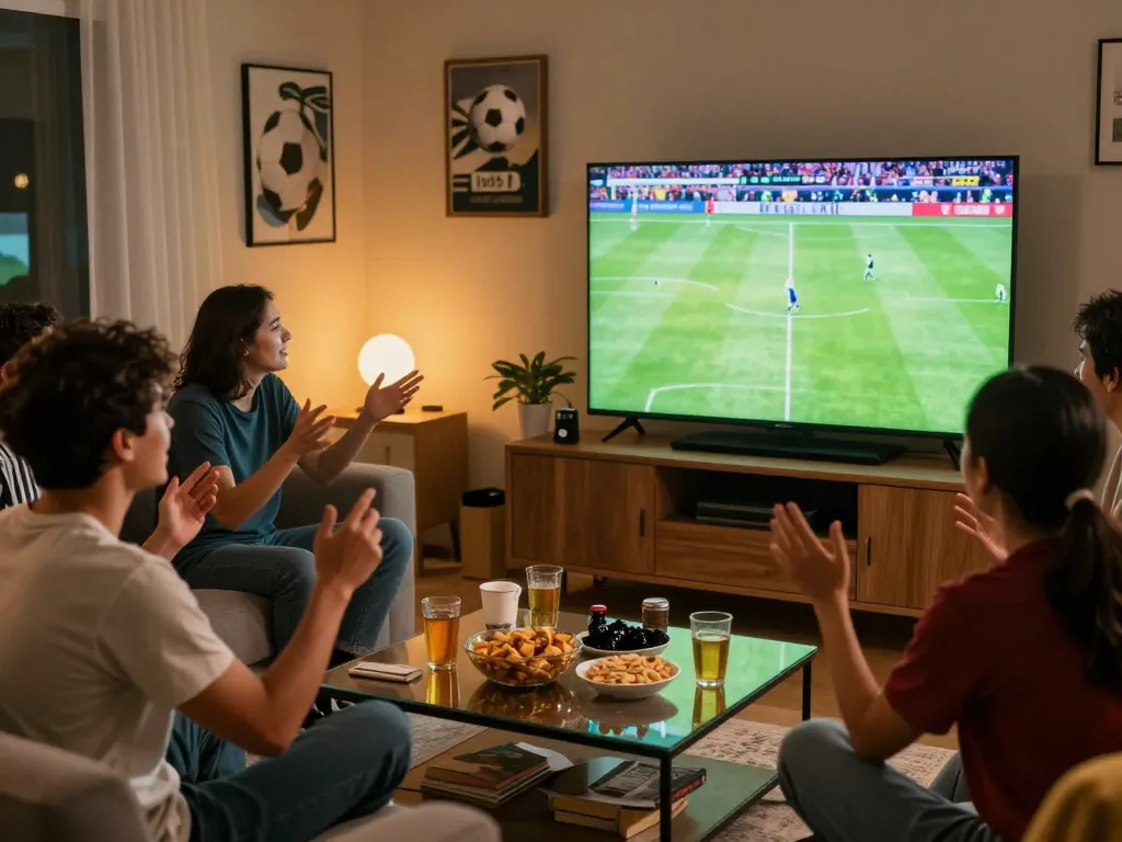 Friends enjoying a live football match on Now Goal platform in a cozy living room.