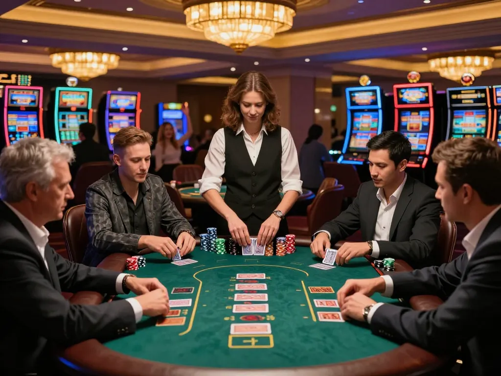 Sunwin players strategizing at an upscale blackjack table in a vibrant casino atmosphere.
