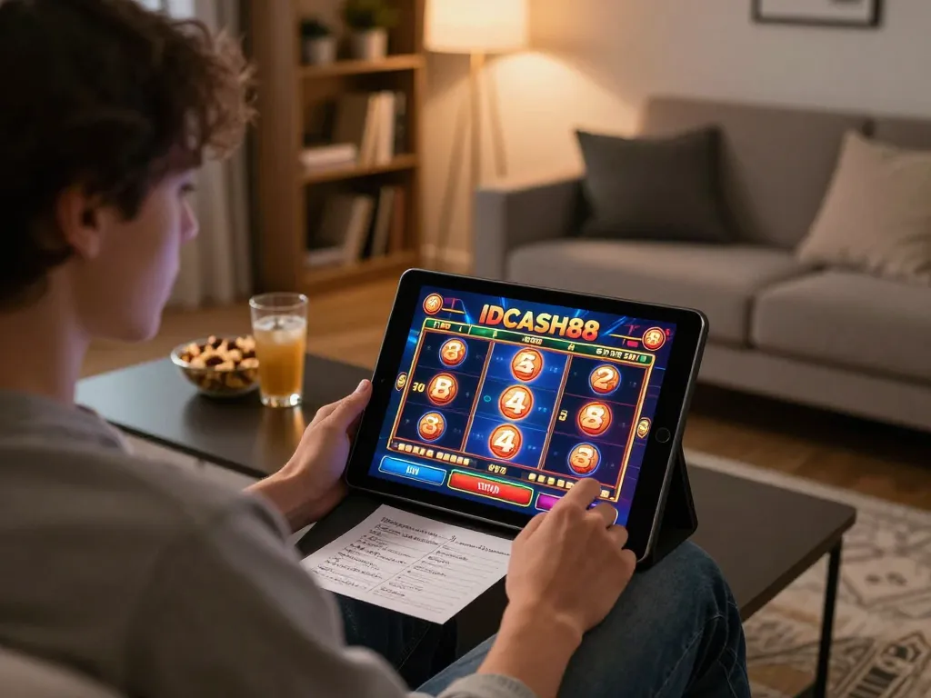 Player engaging with IDCASH88 slot game on a tablet in a cozy living room setting.