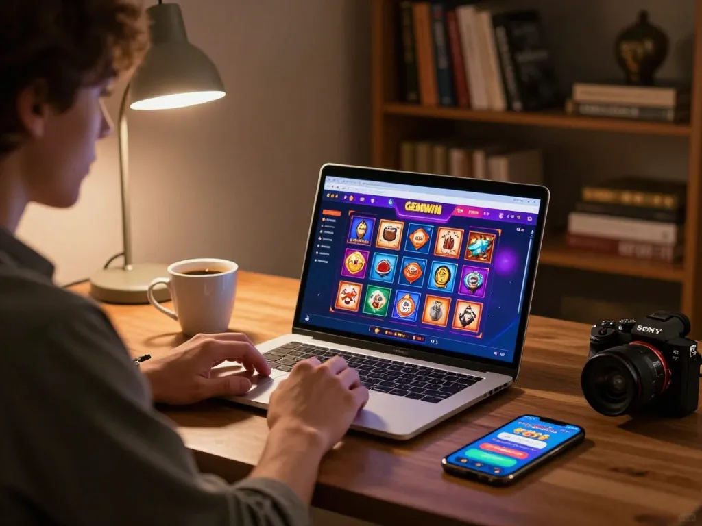 Engaged user exploring GEMWIN online gambling platform on laptop, promoting responsible gaming experiences.